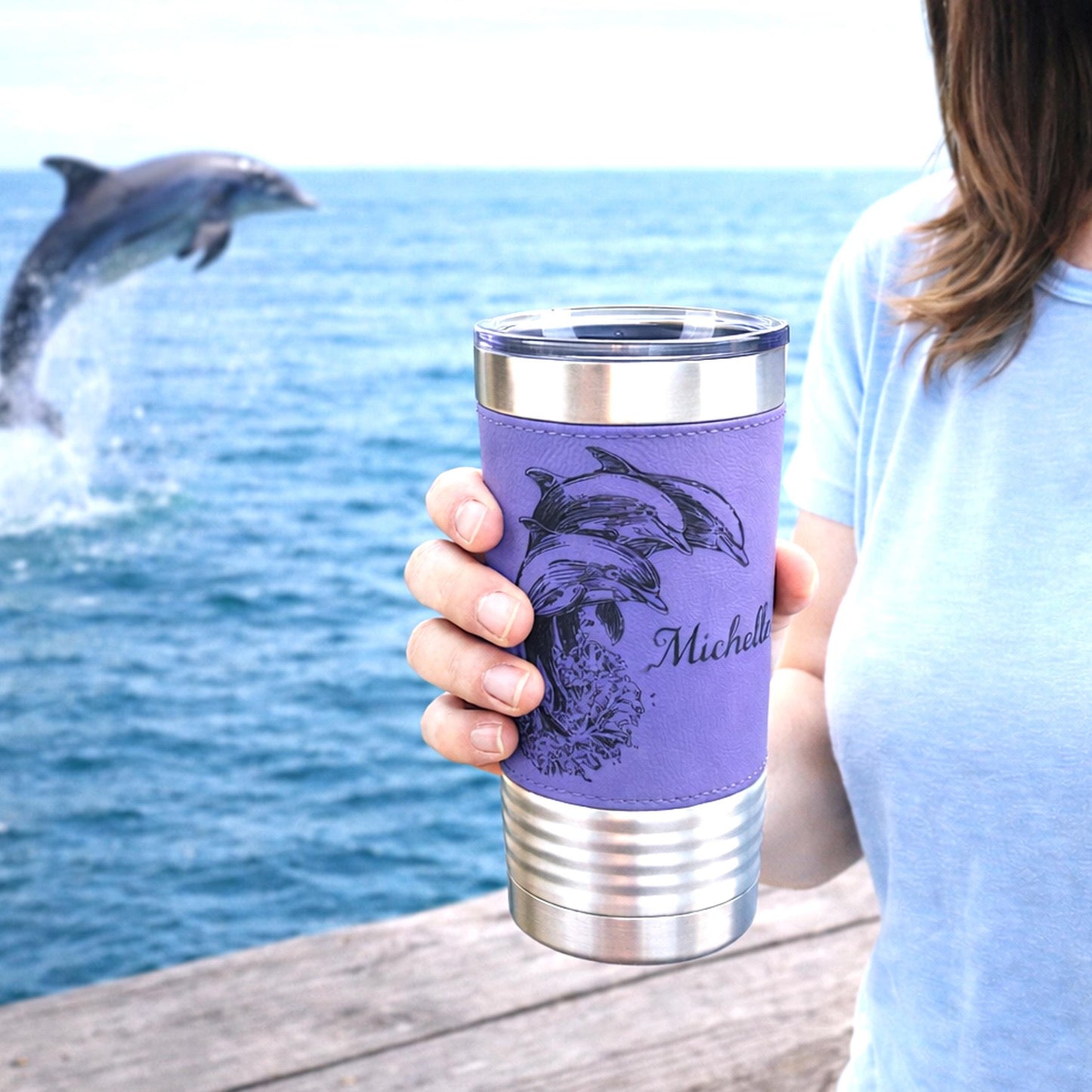 Great Dolphin design Engraved on Leather Wrapped Stainless Steel Insulated Travel Mug is an Awesome Gift for your Dolphin Lover