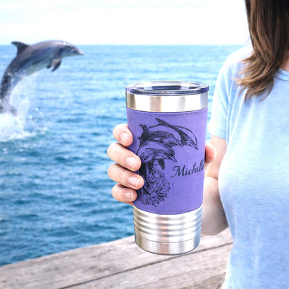 Great Dolphin design Engraved on Leather Wrapped Stainless Steel Insulated Travel Mug is an Awesome Gift for your Dolphin Lover
