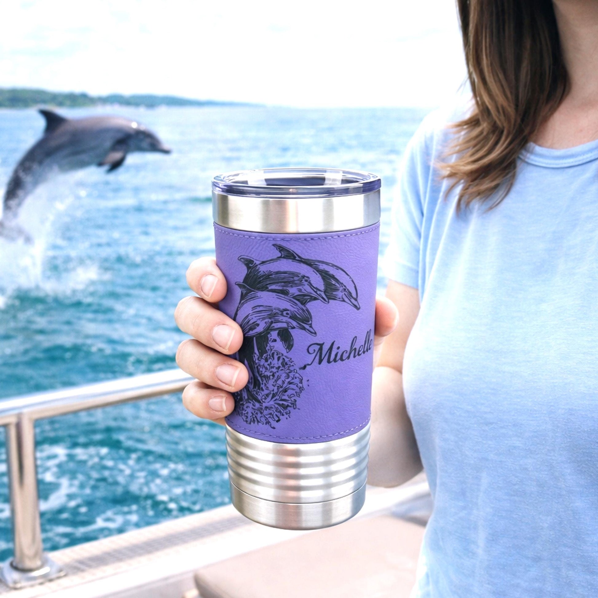 Great Dolphin design Engraved on Leather Wrapped Stainless Steel Insulated Travel Mug is an Awesome Gift for your Dolphin Lover