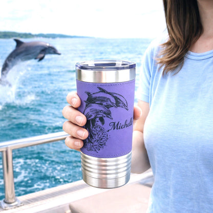 Great Dolphin design Engraved on Leather Wrapped Stainless Steel Insulated Travel Mug is an Awesome Gift for your Dolphin Lover