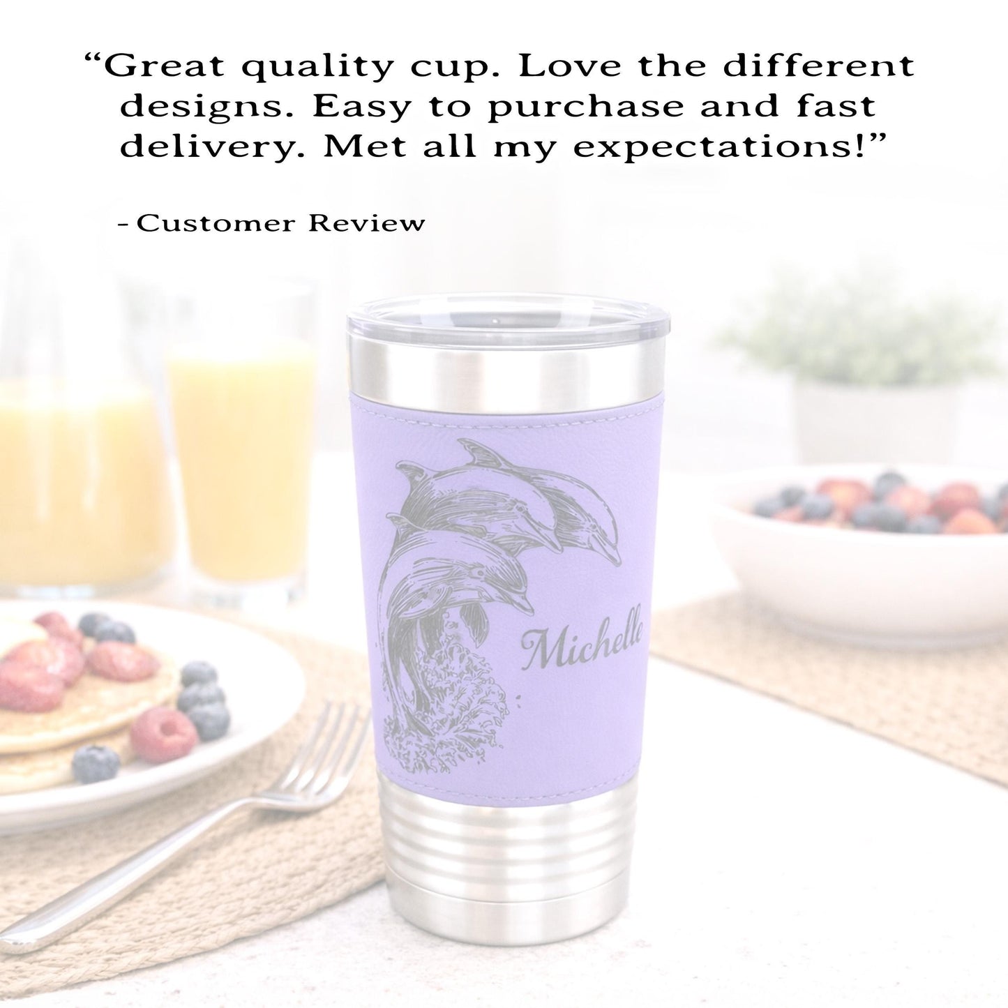 Great Dolphin design Engraved on Leather Wrapped Stainless Steel Insulated Travel Mug is an Awesome Gift for your Dolphin Lover