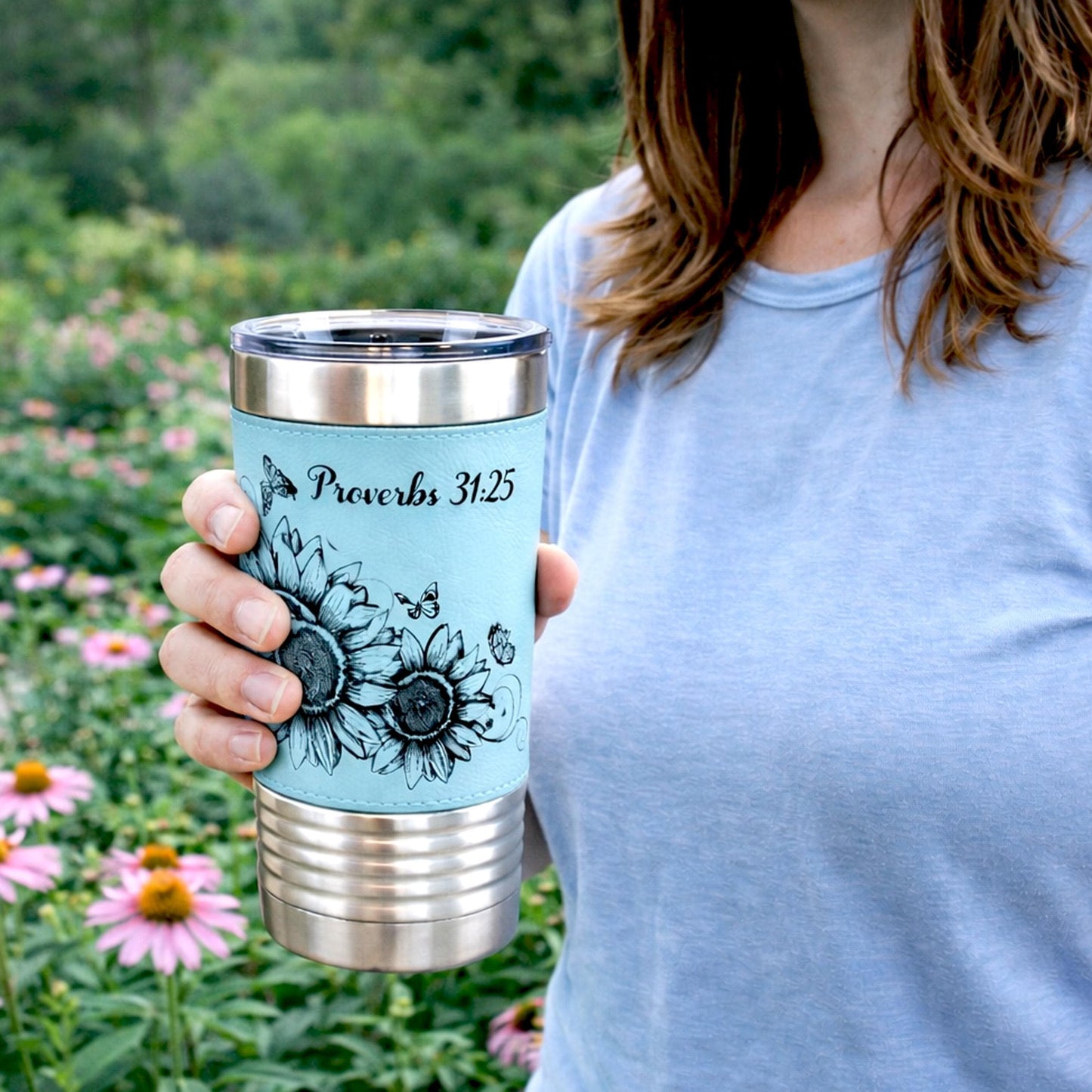 Sunflower & Butterflies Coffee Travel Mug, Personalized Travel Mug, Stainless Steel Travel Mug, Custom travel Mug, Leatherette Travel Tumblr