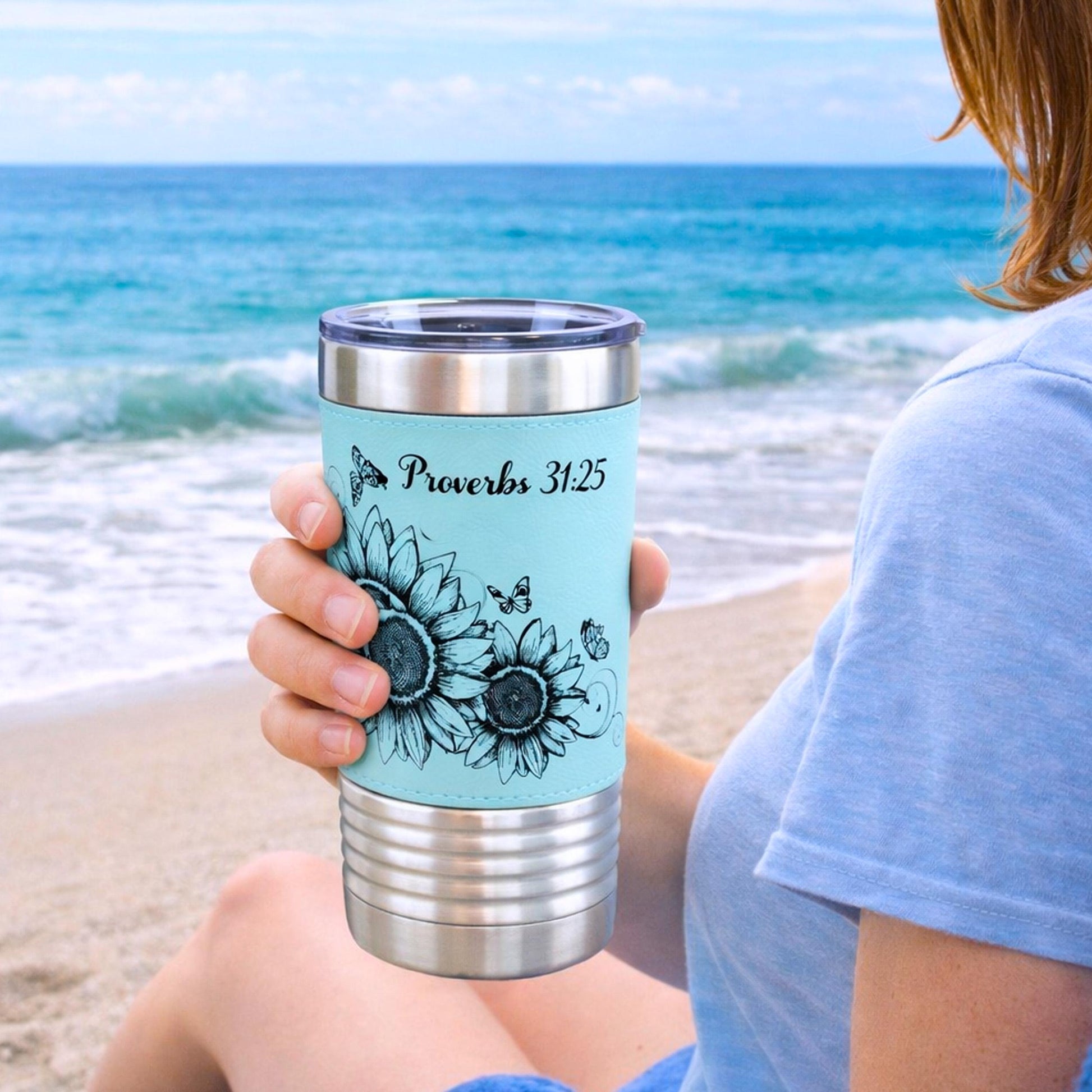 Sunflower & Butterflies Coffee Travel Mug, Personalized Travel Mug, Stainless Steel Travel Mug, Custom travel Mug, Leatherette Travel Tumblr