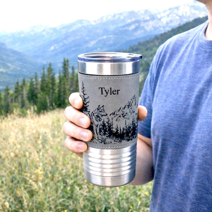 Laser Engraved Wolf Lovers Gift, Mountain and Woodlands Wolf, Faux Leather 20 oz Travel Mug, Insulated Tumbler, Free Snap Lid included