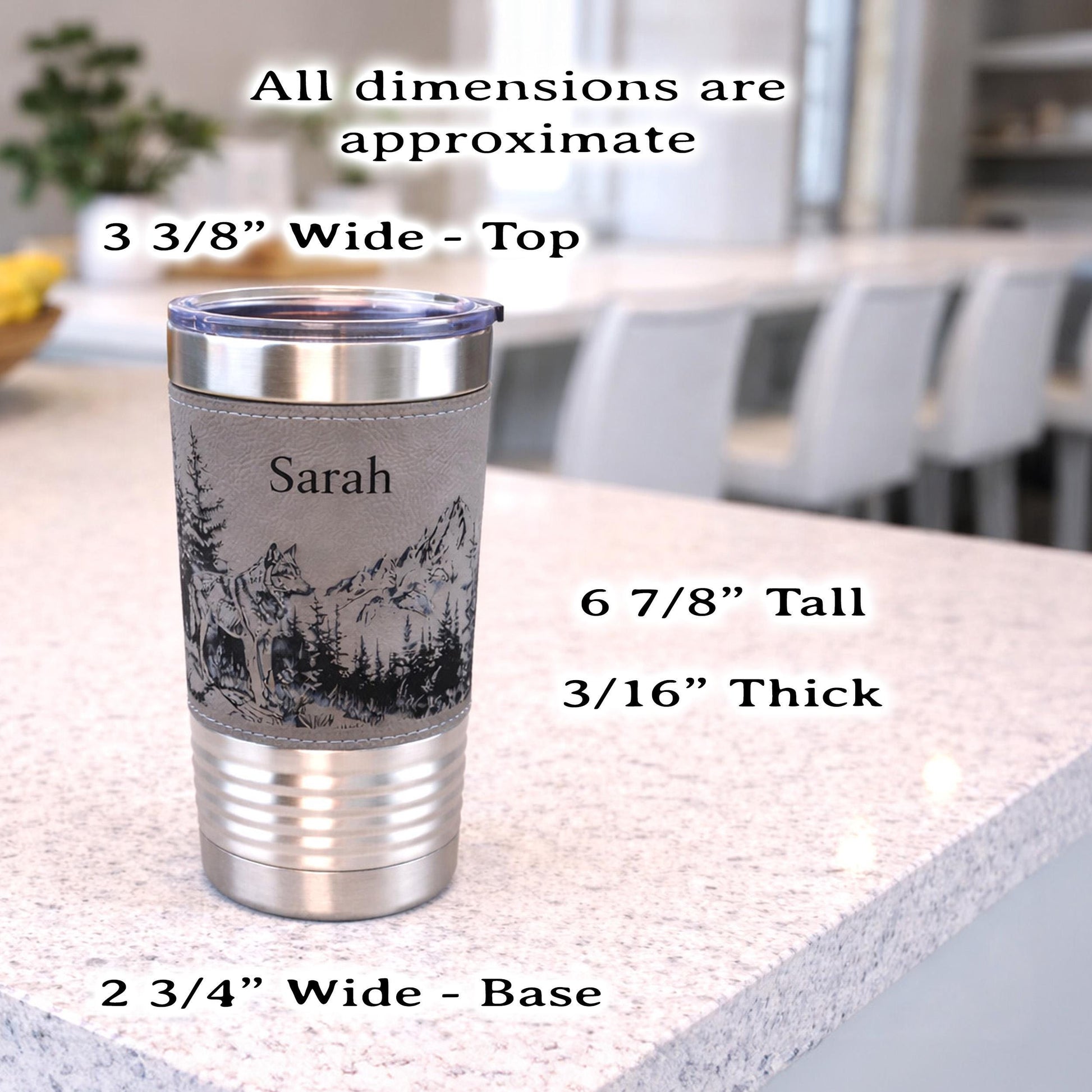 Laser Engraved Wolf Lovers Gift, Mountain and Woodlands Wolf, Faux Leather 20 oz Travel Mug, Insulated Tumbler, Free Snap Lid included