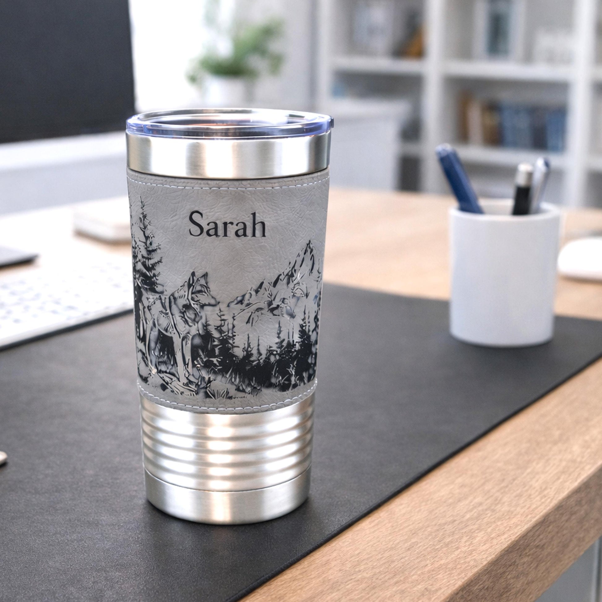 Laser Engraved Wolf Lovers Gift, Mountain and Woodlands Wolf, Faux Leather 20 oz Travel Mug, Insulated Tumbler, Free Snap Lid included