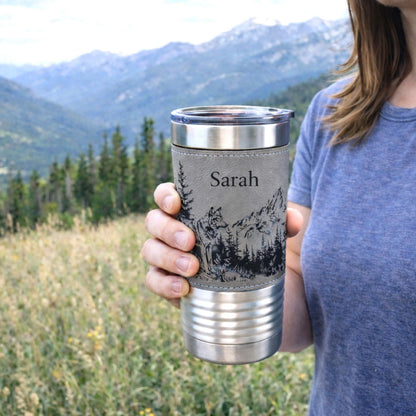 Laser Engraved Wolf Lovers Gift, Mountain and Woodlands Wolf, Faux Leather 20 oz Travel Mug, Insulated Tumbler, Free Snap Lid included
