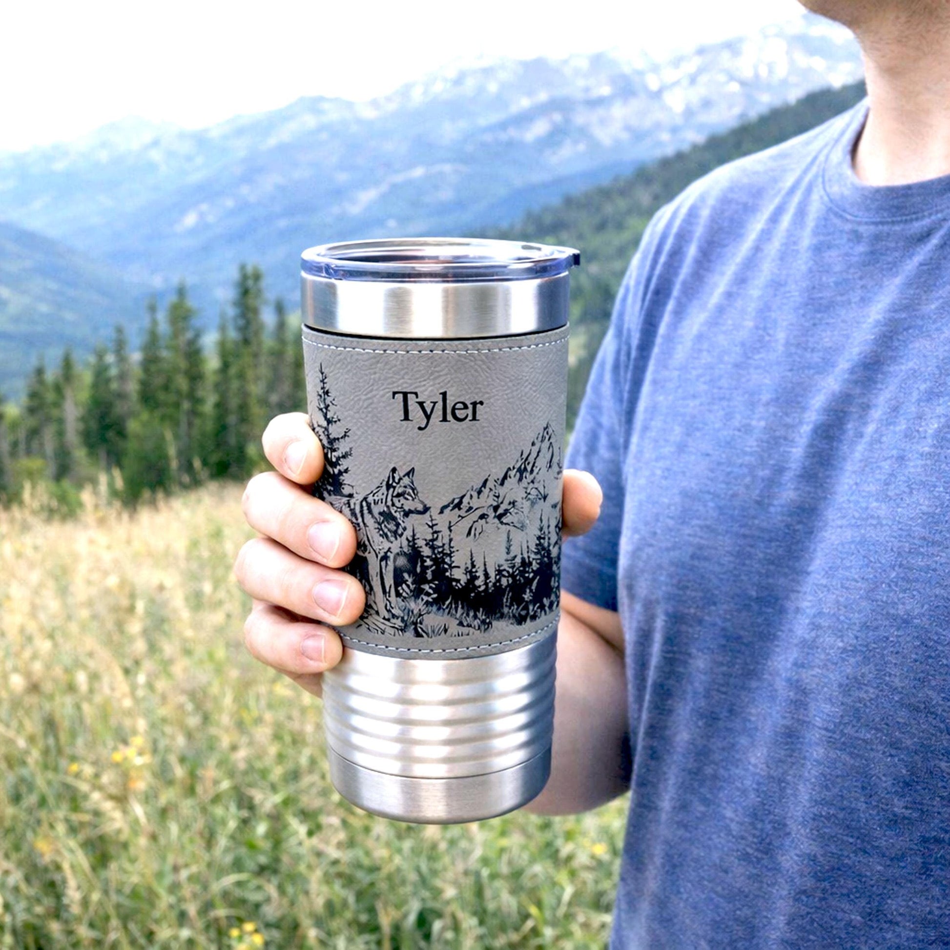 Laser Engraved Wolf Lovers Gift, Mountain and Woodlands Wolf, Faux Leather 20 oz Travel Mug, Insulated Tumbler, Free Snap Lid included