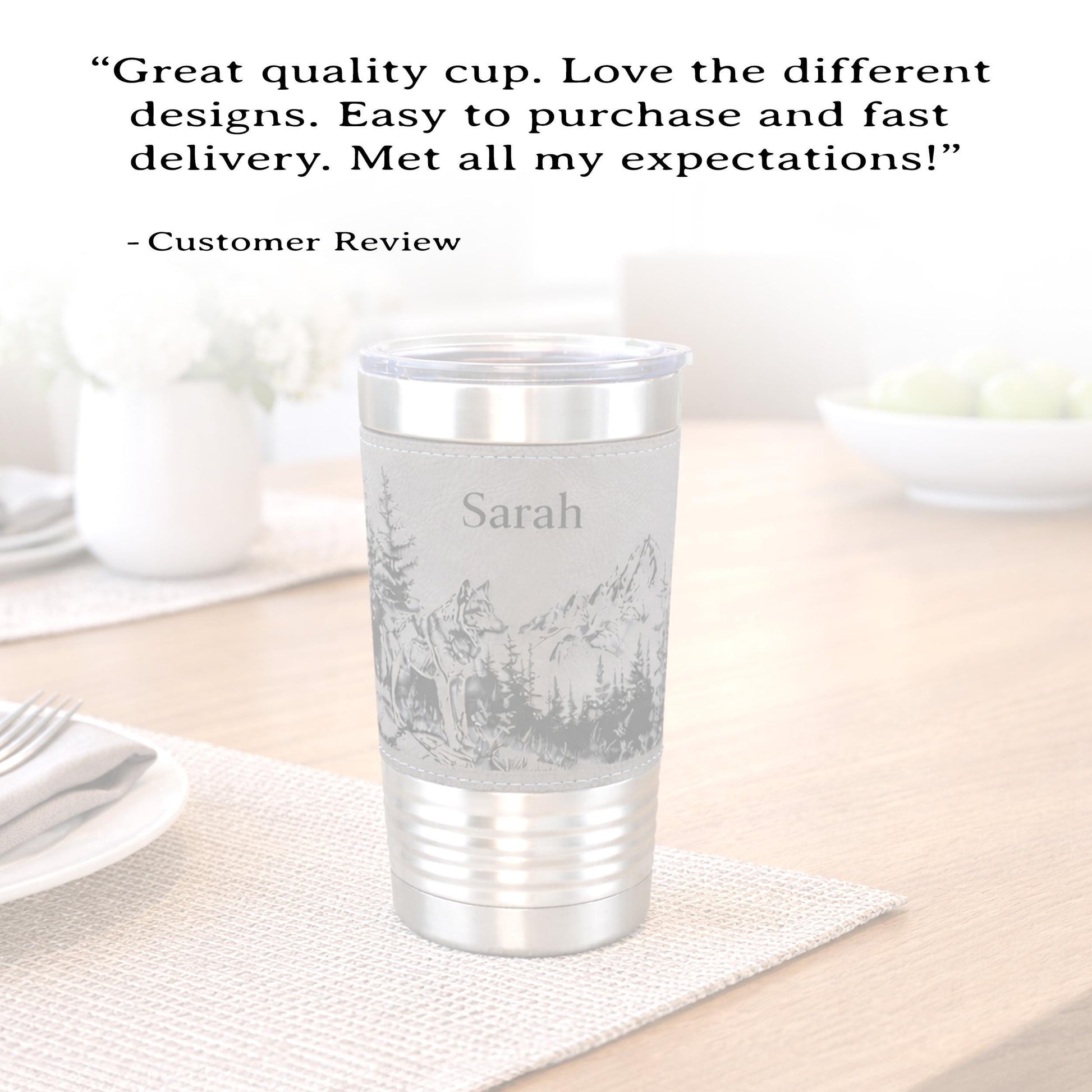 Laser Engraved Wolf Lovers Gift, Mountain and Woodlands Wolf, Faux Leather 20 oz Travel Mug, Insulated Tumbler, Free Snap Lid included