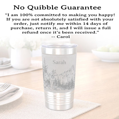 Laser Engraved Wolf Lovers Gift, Mountain and Woodlands Wolf, Faux Leather 20 oz Travel Mug, Insulated Tumbler, Free Snap Lid included