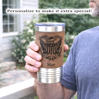 American Flag Tumbler. Patriotic Tumbler. American Flag Mug with Eagle. Leather wrapped tumbler, Engraved Tumbler