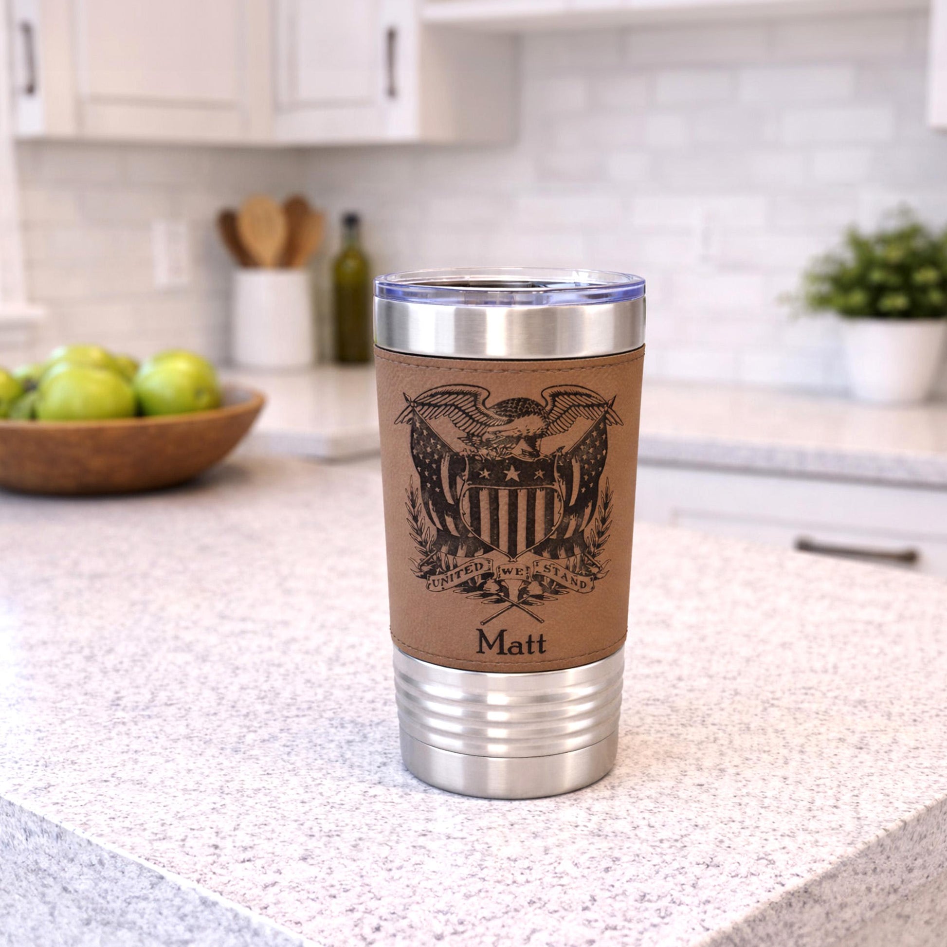 American Flag Tumbler. Patriotic Tumbler. American Flag Mug with Eagle. Leather wrapped tumbler, Engraved Tumbler