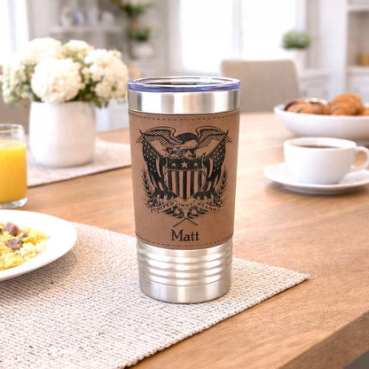 American Flag Tumbler. Patriotic Tumbler. American Flag Mug with Eagle. Leather wrapped tumbler, Engraved Tumbler