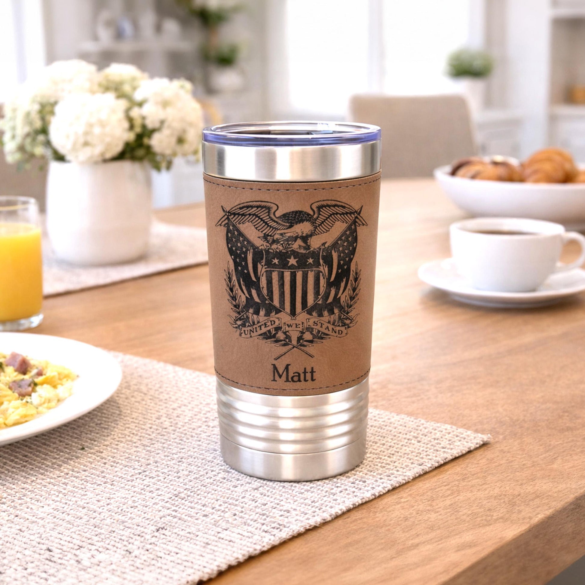 American Flag Tumbler. Patriotic Tumbler. American Flag Mug with Eagle. Leather wrapped tumbler, Engraved Tumbler