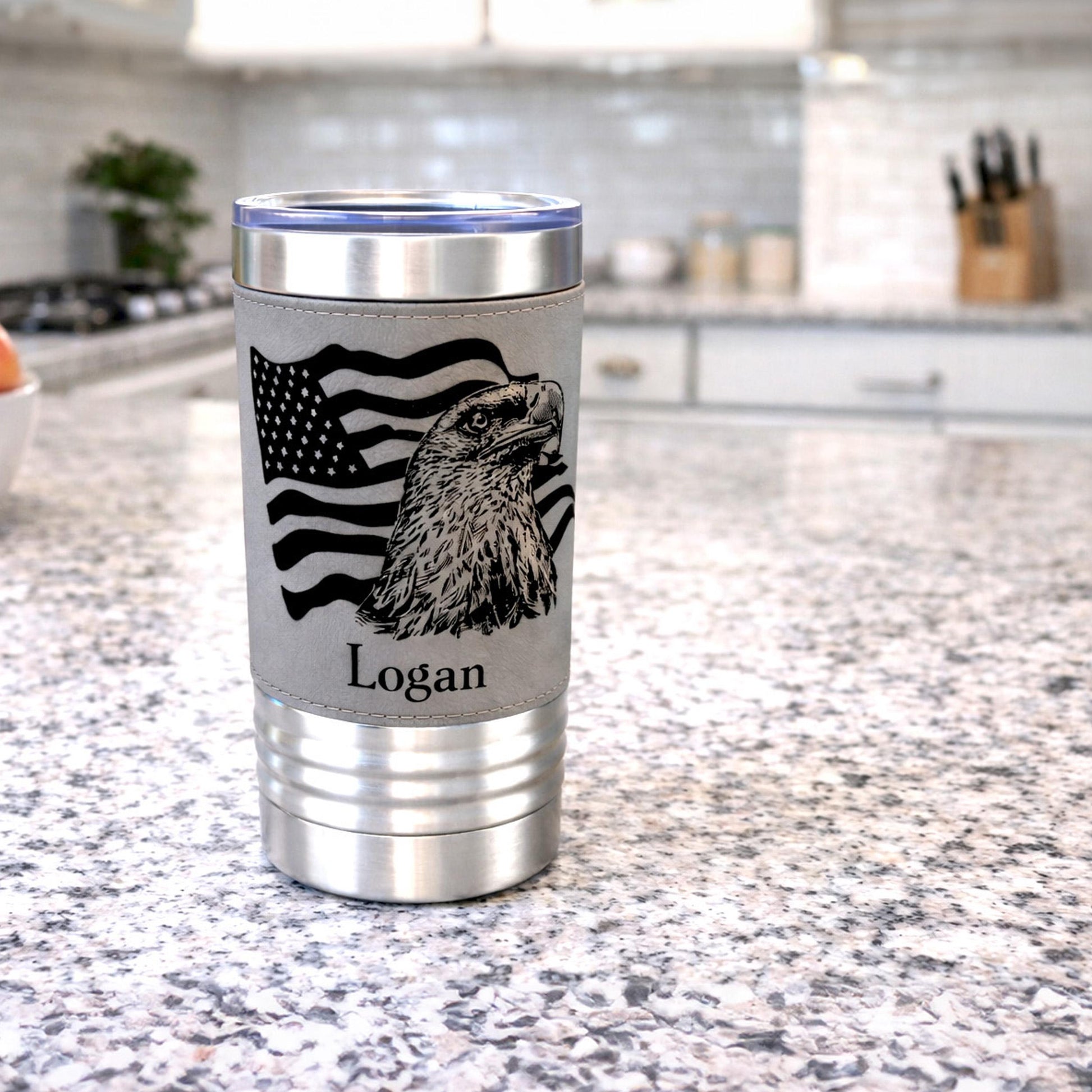 Engraved Flag & Eagle, Leather wrapped travel mug, Insulated Coffee Mug, Perfect Father's Day Gift, Great Gifts for the Patriotic