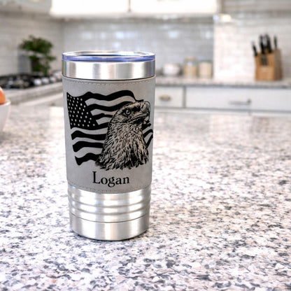 Engraved Flag & Eagle, Leather wrapped travel mug, Insulated Coffee Mug, Perfect Father's Day Gift, Great Gifts for the Patriotic