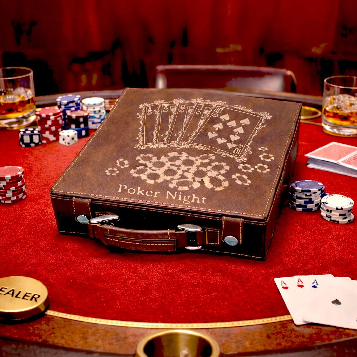 Custom Poker Set, 100 Piece Leatherette Poker Gift Set Engraved with Custom Design can be personalized and ready for Poker Night