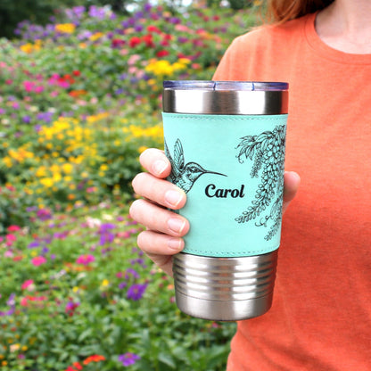 Hummingbird & Wisteria Engraved 20 oz Travel Tumbler – Personalized Leatherette Wrap, Custom NameCoffee Mug, Perfect Hummingbird Lover Gift