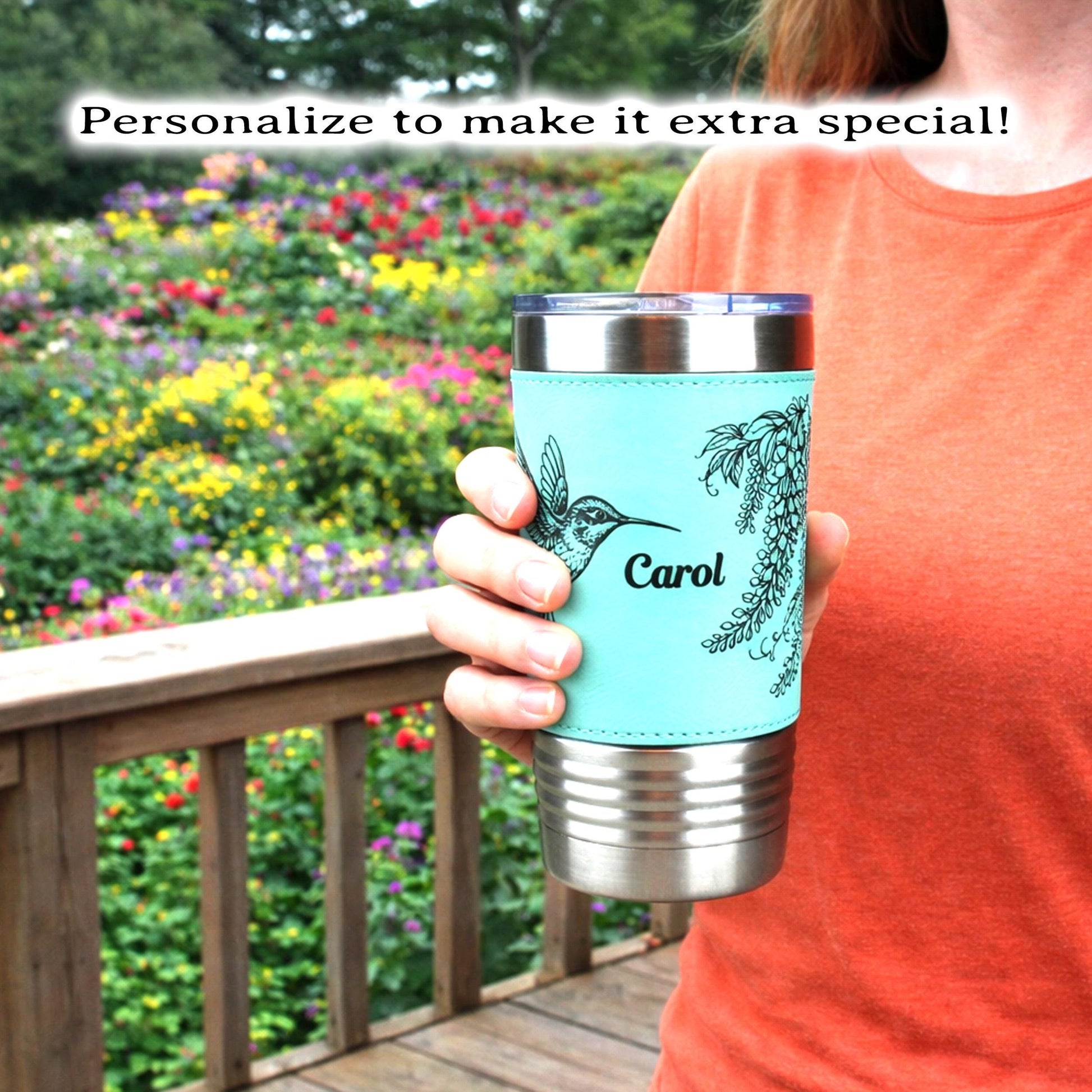 Hummingbird & Wisteria Engraved 20 oz Travel Tumbler – Personalized Leatherette Wrap, Custom NameCoffee Mug, Perfect Hummingbird Lover Gift