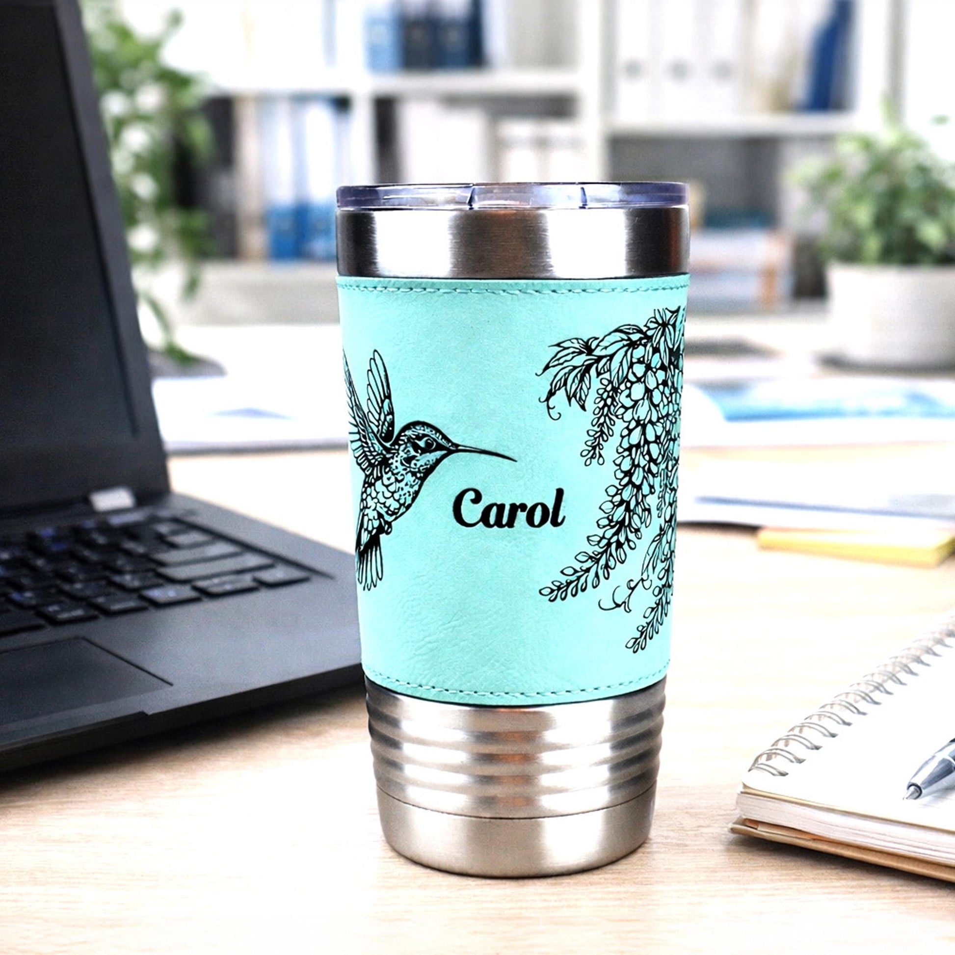 Hummingbird & Wisteria Engraved 20 oz Travel Tumbler – Personalized Leatherette Wrap, Custom NameCoffee Mug, Perfect Hummingbird Lover Gift