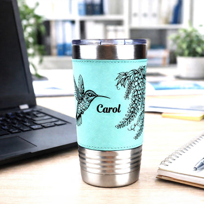 Hummingbird & Wisteria Engraved 20 oz Travel Tumbler – Personalized Leatherette Wrap, Custom NameCoffee Mug, Perfect Hummingbird Lover Gift
