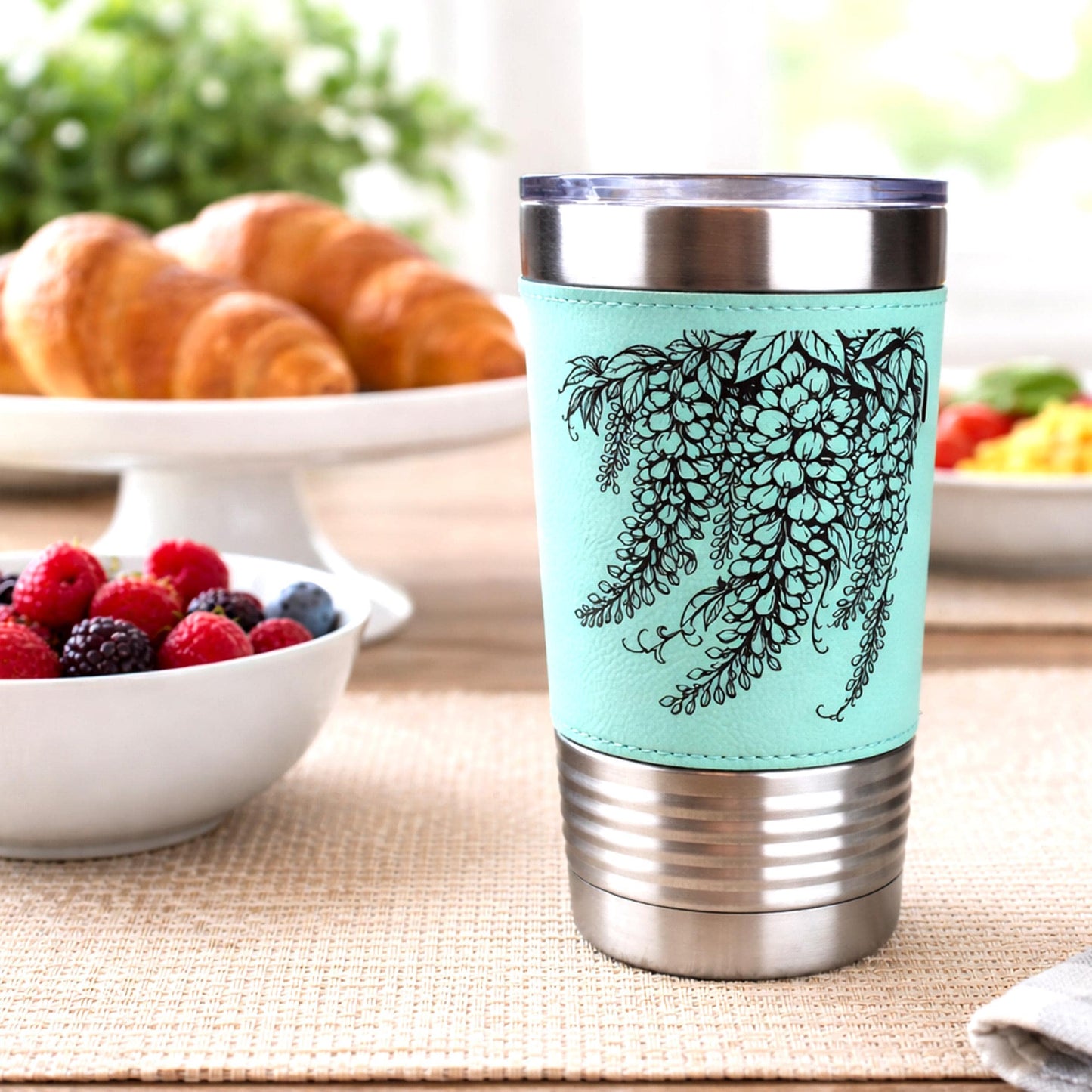 Hummingbird & Wisteria Engraved 20 oz Travel Tumbler – Personalized Leatherette Wrap, Custom NameCoffee Mug, Perfect Hummingbird Lover Gift