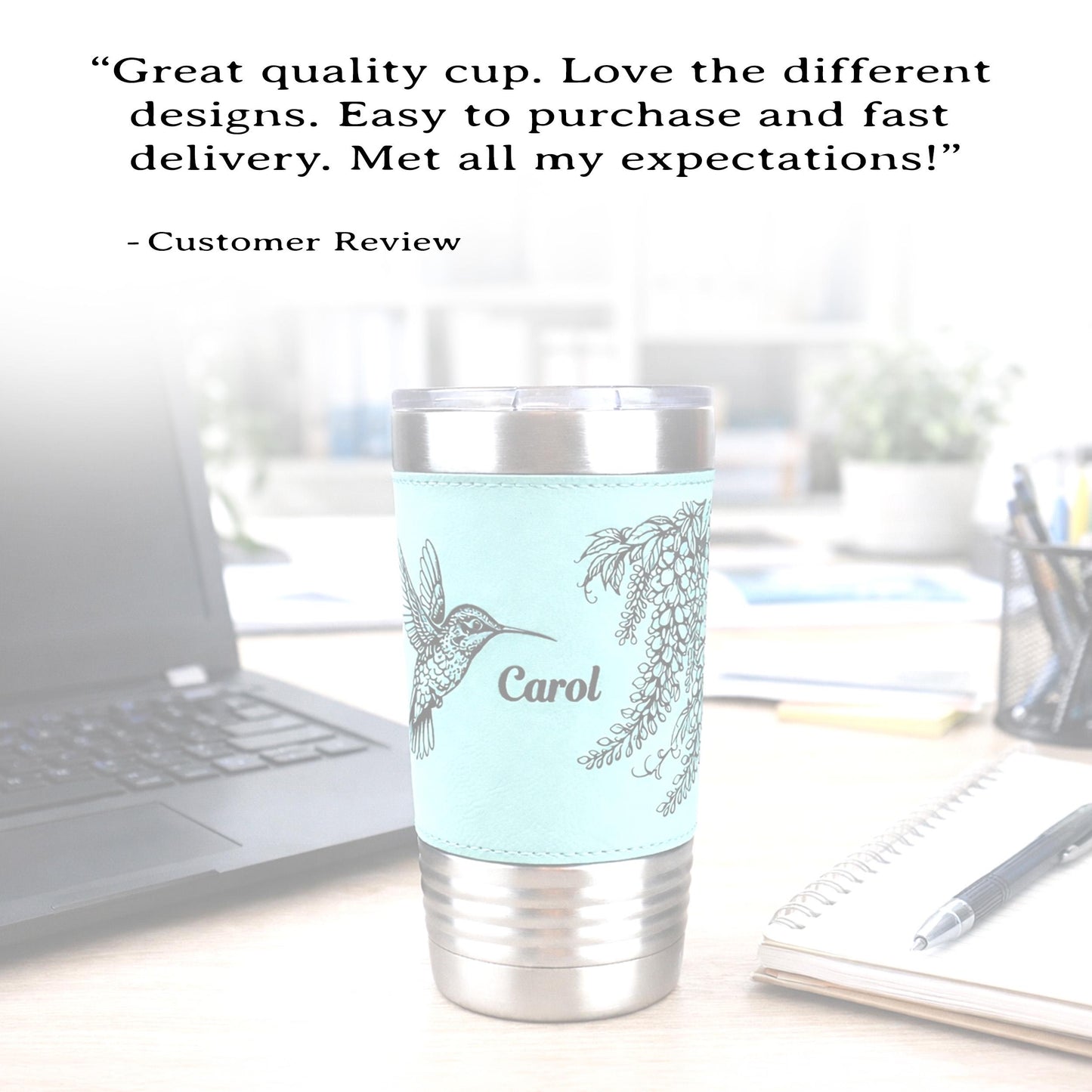 Hummingbird & Wisteria Engraved 20 oz Travel Tumbler – Personalized Leatherette Wrap, Custom NameCoffee Mug, Perfect Hummingbird Lover Gift