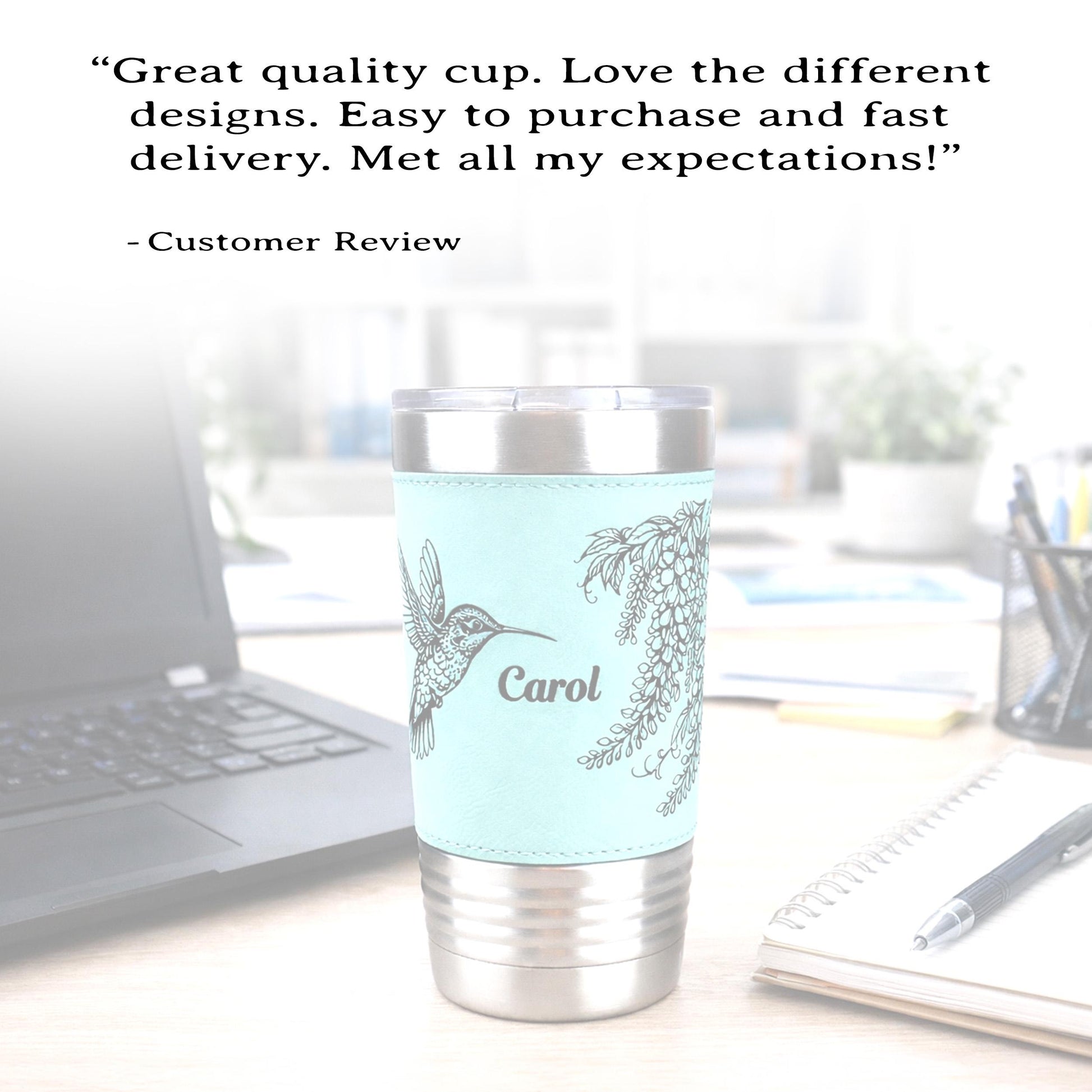 Hummingbird & Wisteria Engraved 20 oz Travel Tumbler – Personalized Leatherette Wrap, Custom NameCoffee Mug, Perfect Hummingbird Lover Gift