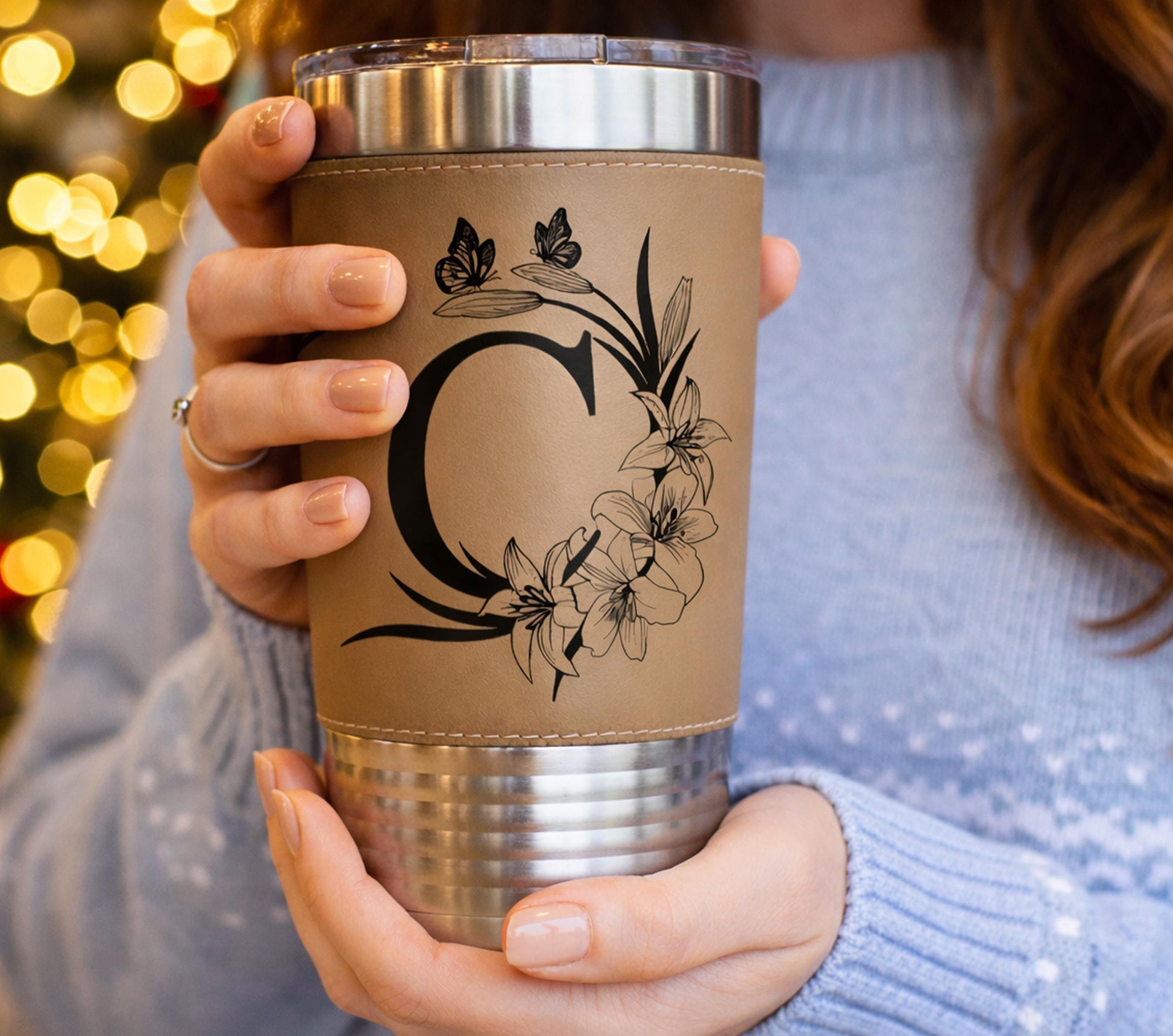Floral Butterfly Monogram Engraved on this Insulated Coffee Travel Mug made of Stainless Steel and wrapped with Leatherette; Choose Design
