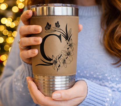 Floral Butterfly Monogram Engraved on this Insulated Coffee Travel Mug made of Stainless Steel and wrapped with Leatherette; Choose Design