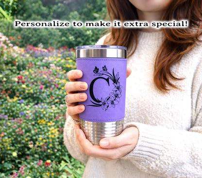 Floral Butterfly Monogram Engraved on this Insulated Coffee Travel Mug made of Stainless Steel and wrapped with Leatherette; Choose Design