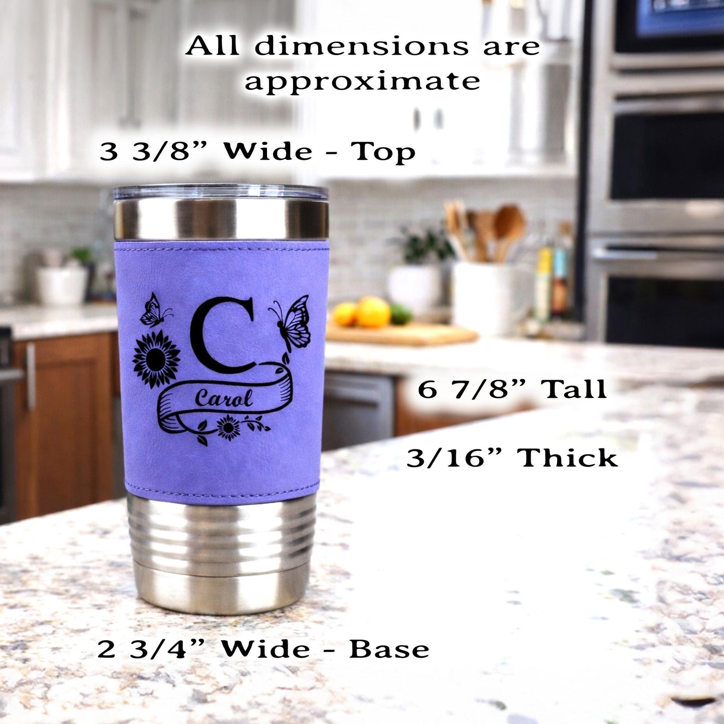 Floral Butterfly Monogram Engraved on this Insulated Coffee Travel Mug made of Stainless Steel and wrapped with Leatherette; Choose Design