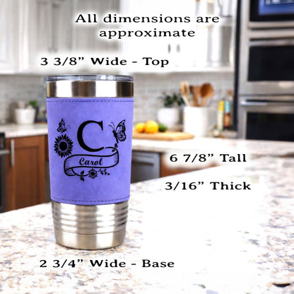 Floral Butterfly Monogram Engraved on this Insulated Coffee Travel Mug made of Stainless Steel and wrapped with Leatherette; Choose Design
