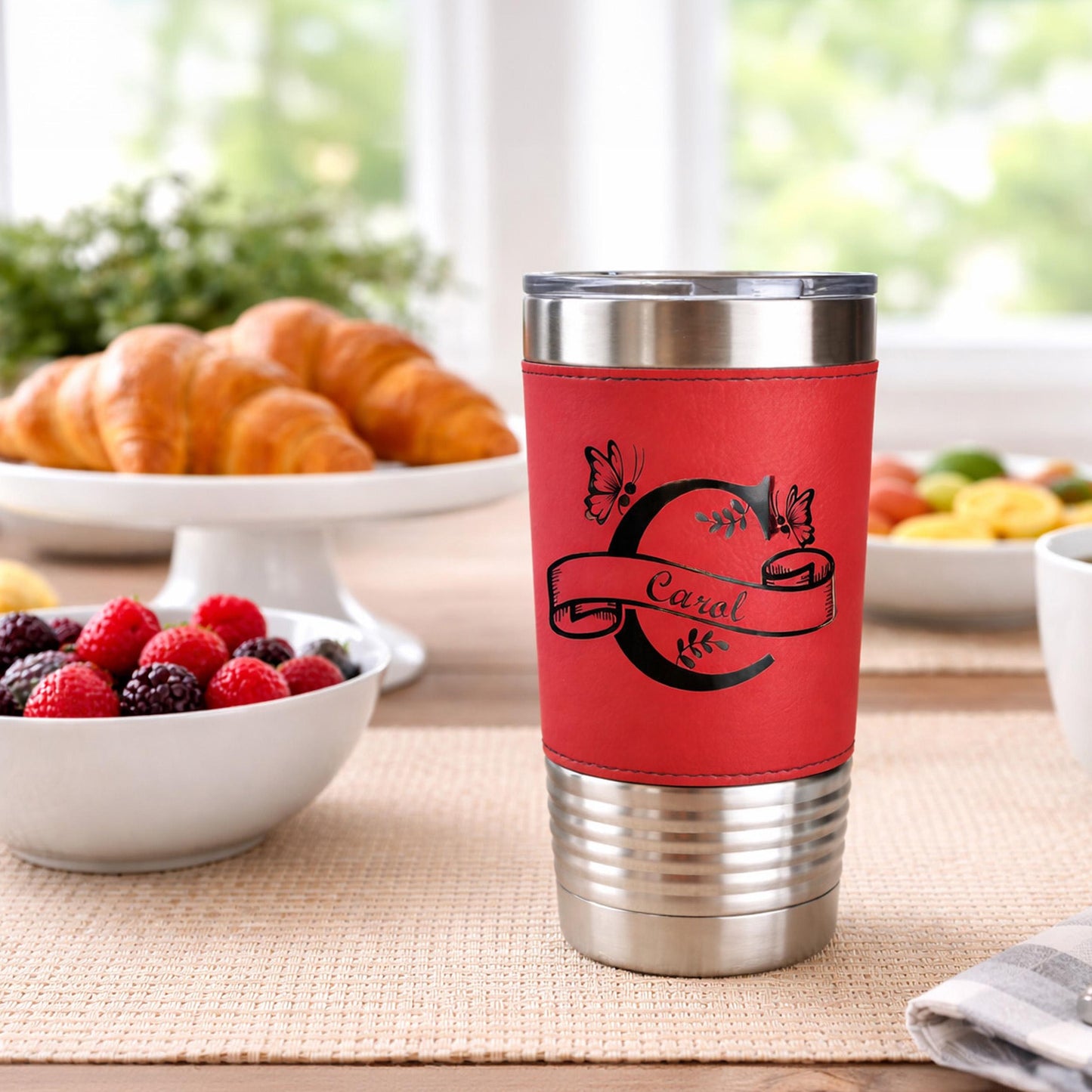 Floral Butterfly Monogram Engraved on this Insulated Coffee Travel Mug made of Stainless Steel and wrapped with Leatherette; Choose Design