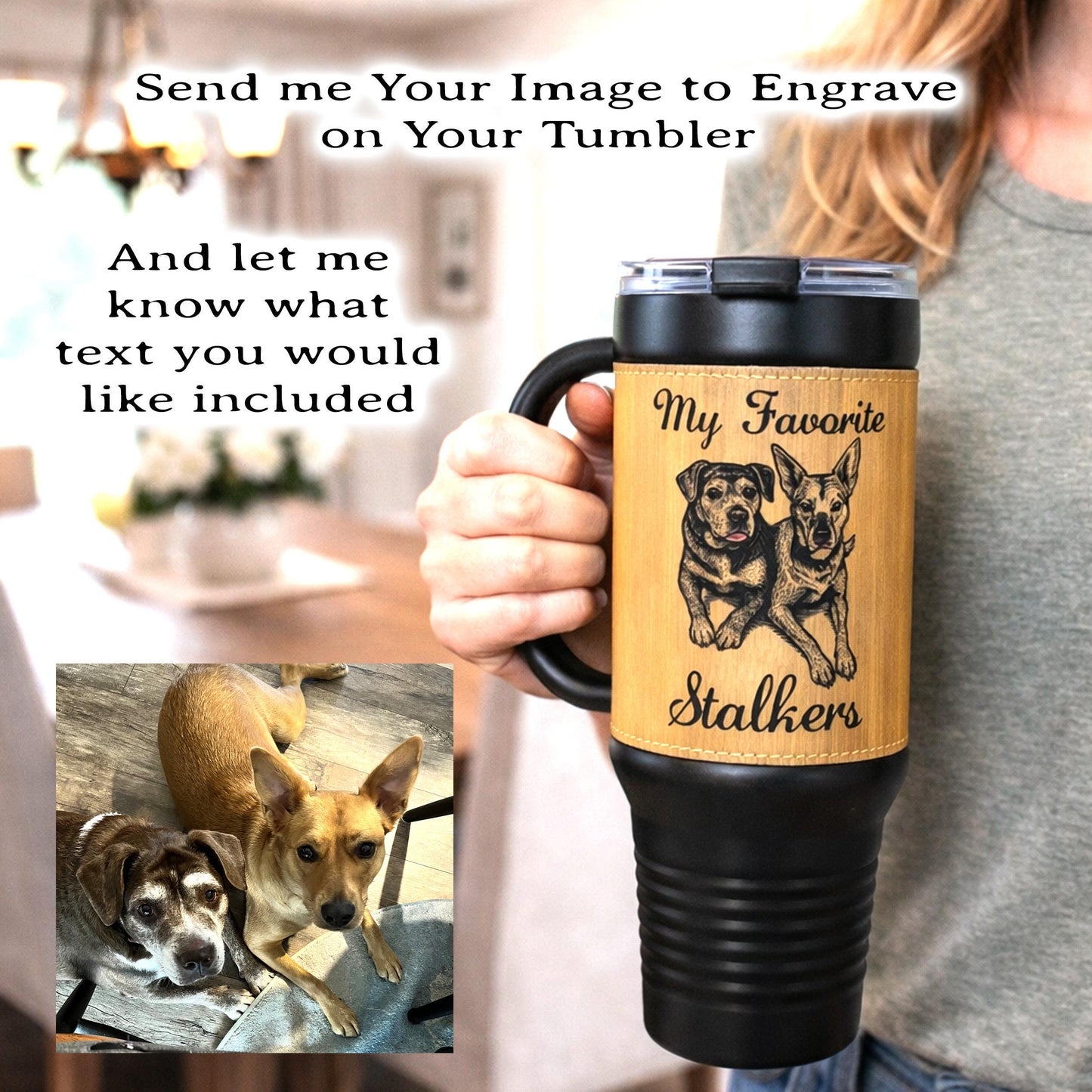 Custom Pet Portrait 40 oz Tumbler – Engraved Leatherette Travel Mug with Handle, Personalized Dog-Cat Gift. Take your best buddy everywhere.