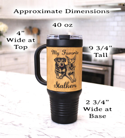 Custom Pet Portrait 40 oz Tumbler – Engraved Leatherette Travel Mug with Handle, Personalized Dog-Cat Gift. Take your best buddy everywhere.