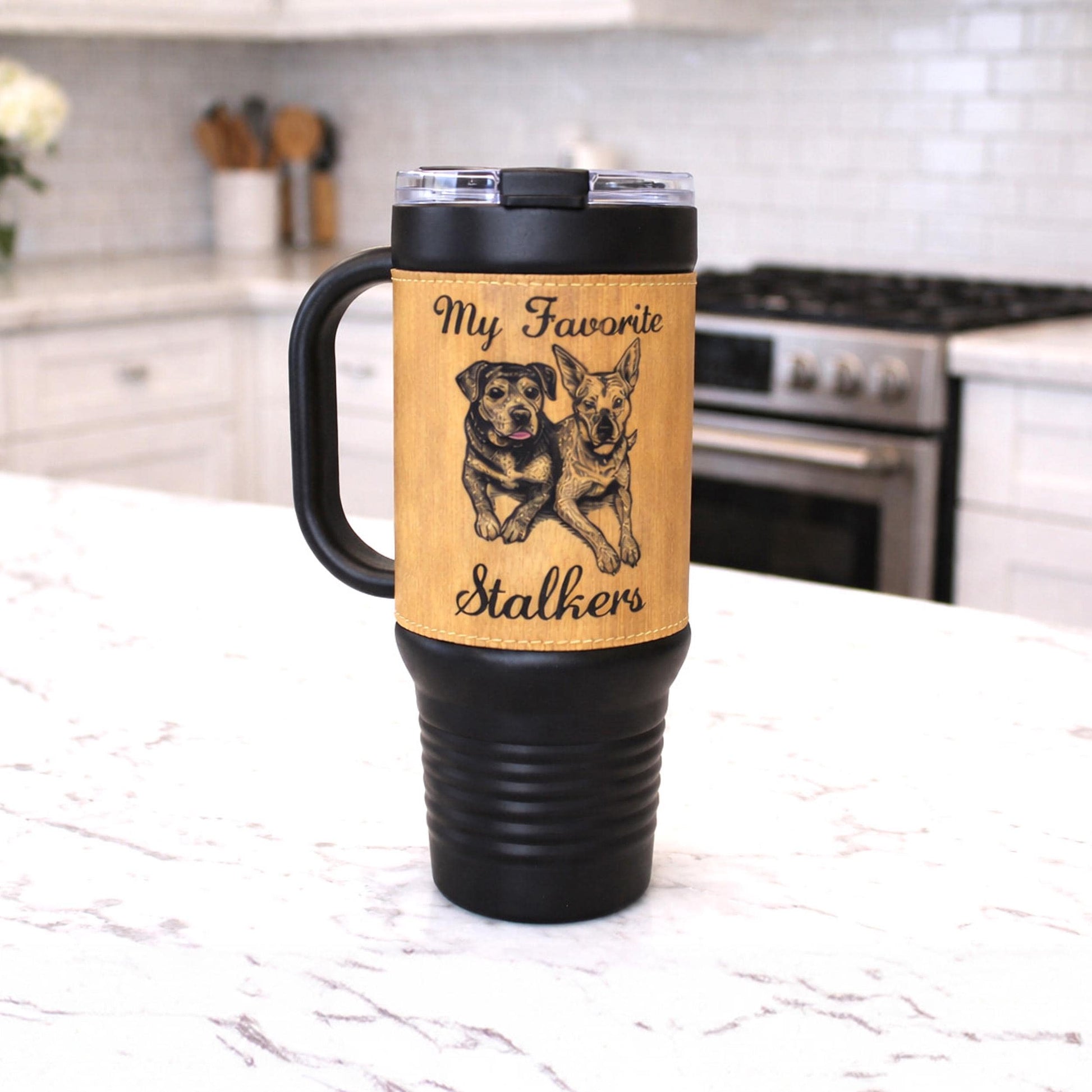 Custom Pet Portrait 40 oz Tumbler – Engraved Leatherette Travel Mug with Handle, Personalized Dog-Cat Gift. Take your best buddy everywhere.