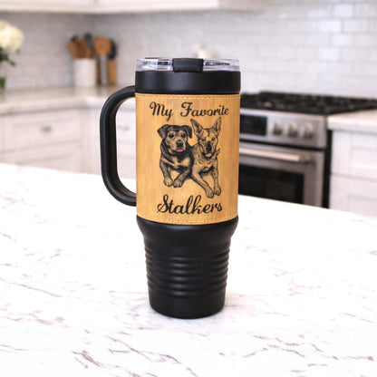 Custom Pet Portrait 40 oz Tumbler – Engraved Leatherette Travel Mug with Handle, Personalized Dog-Cat Gift. Take your best buddy everywhere.