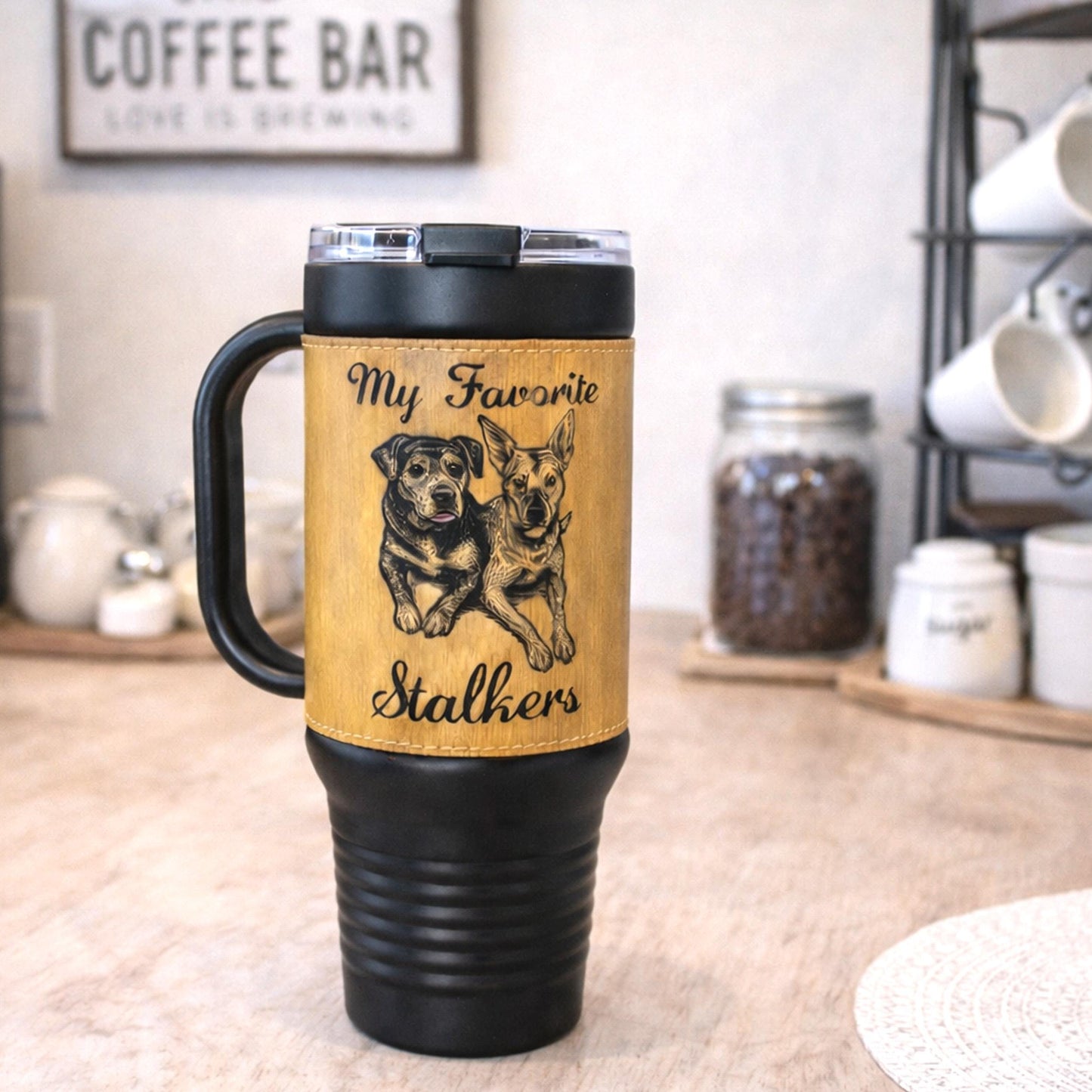 Custom Pet Portrait 40 oz Tumbler – Engraved Leatherette Travel Mug with Handle, Personalized Dog-Cat Gift. Take your best buddy everywhere.