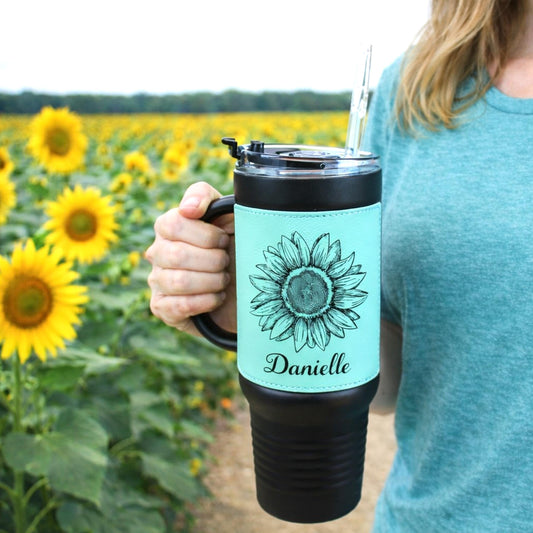 40 oz Engraved Sunflower Coffee Travel Mug, Personalized Leatherette Wrapped Tumbler, Custom Stainless Steel Mug With Handle And Straw