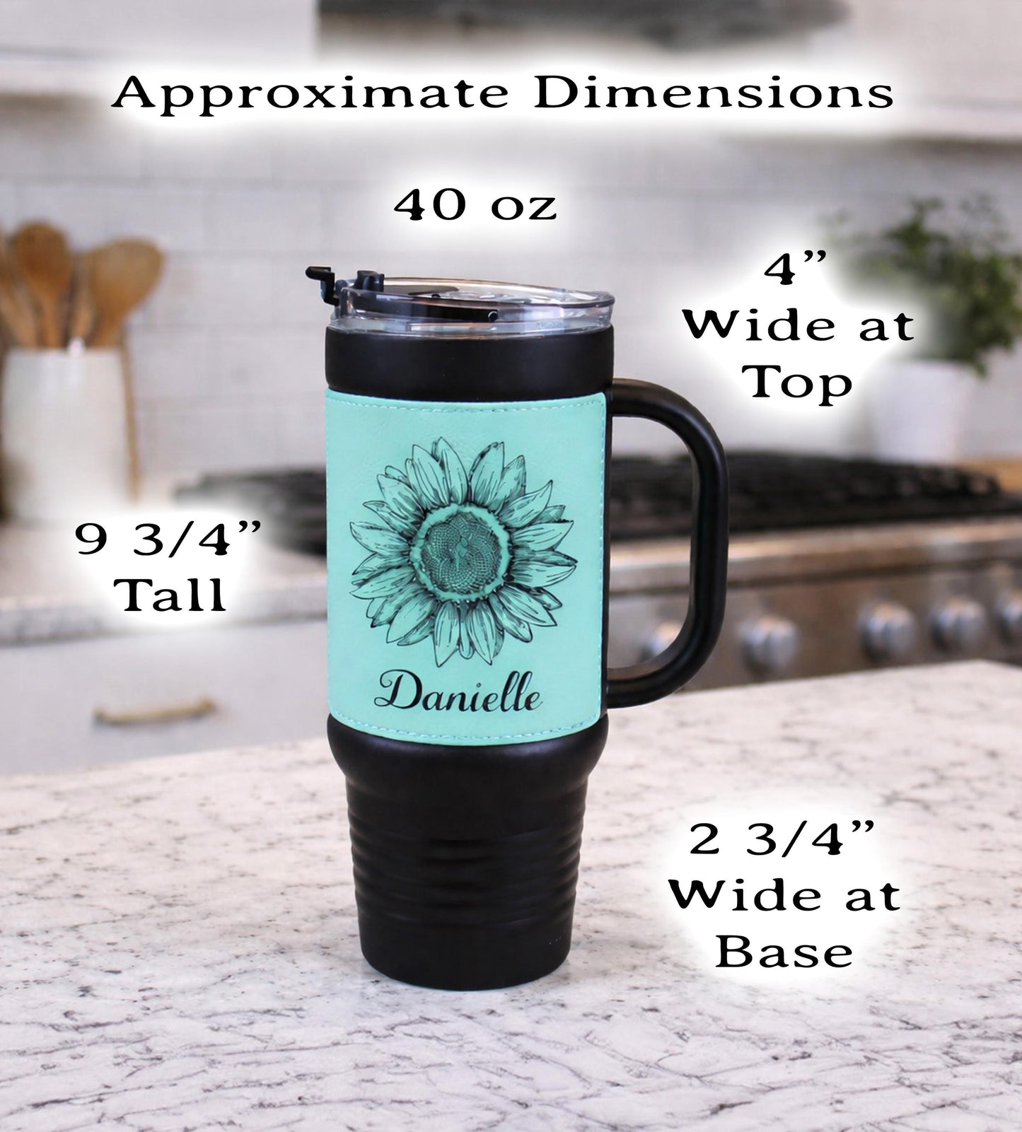 40 oz Engraved Sunflower Coffee Travel Mug, Personalized Leatherette Wrapped Tumbler, Custom Stainless Steel Mug With Handle And Straw
