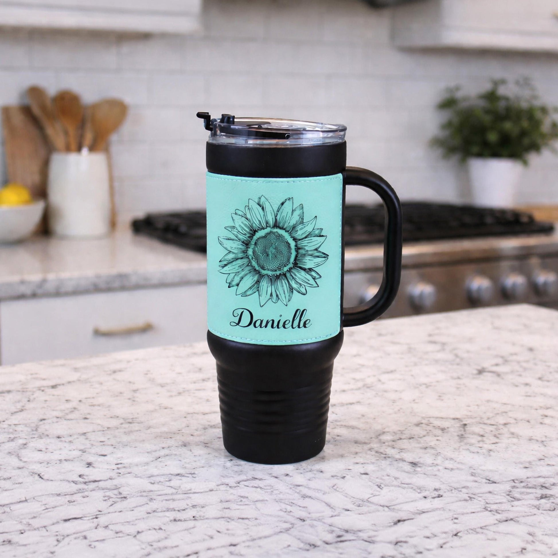 40 oz Engraved Sunflower Coffee Travel Mug, Personalized Leatherette Wrapped Tumbler, Custom Stainless Steel Mug With Handle And Straw
