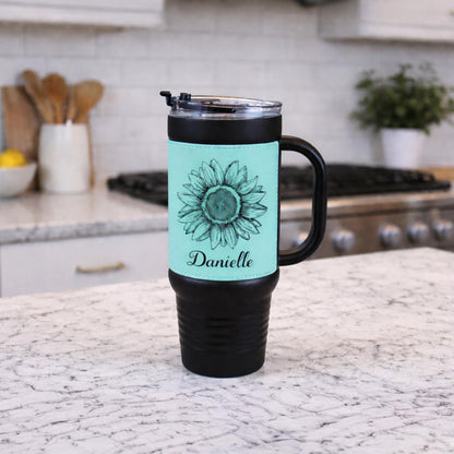 40 oz Engraved Sunflower Coffee Travel Mug, Personalized Leatherette Wrapped Tumbler, Custom Stainless Steel Mug With Handle And Straw