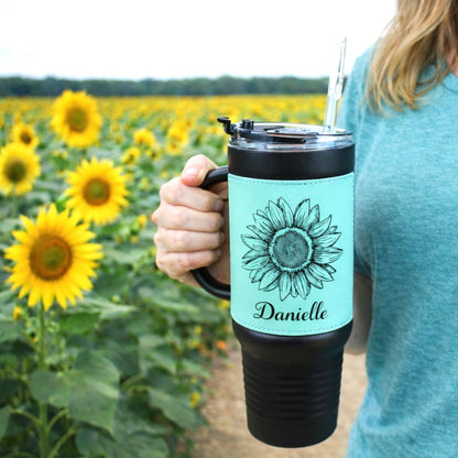 40 oz Engraved Sunflower Coffee Travel Mug, Personalized Leatherette Wrapped Tumbler, Custom Stainless Steel Mug With Handle And Straw