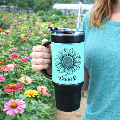 40 oz Engraved Sunflower Coffee Travel Mug, Personalized Leatherette Wrapped Tumbler, Custom Stainless Steel Mug With Handle And Straw
