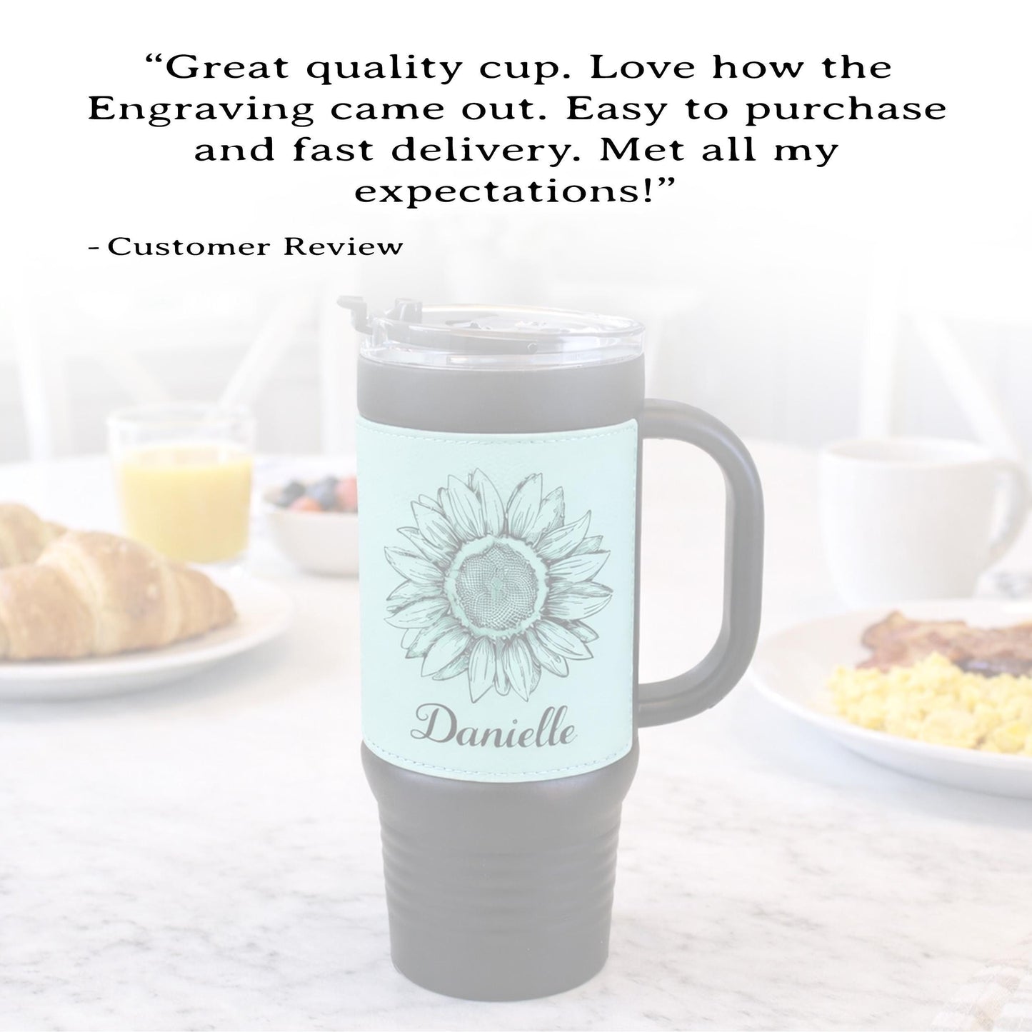 40 oz Engraved Sunflower Coffee Travel Mug, Personalized Leatherette Wrapped Tumbler, Custom Stainless Steel Mug With Handle And Straw