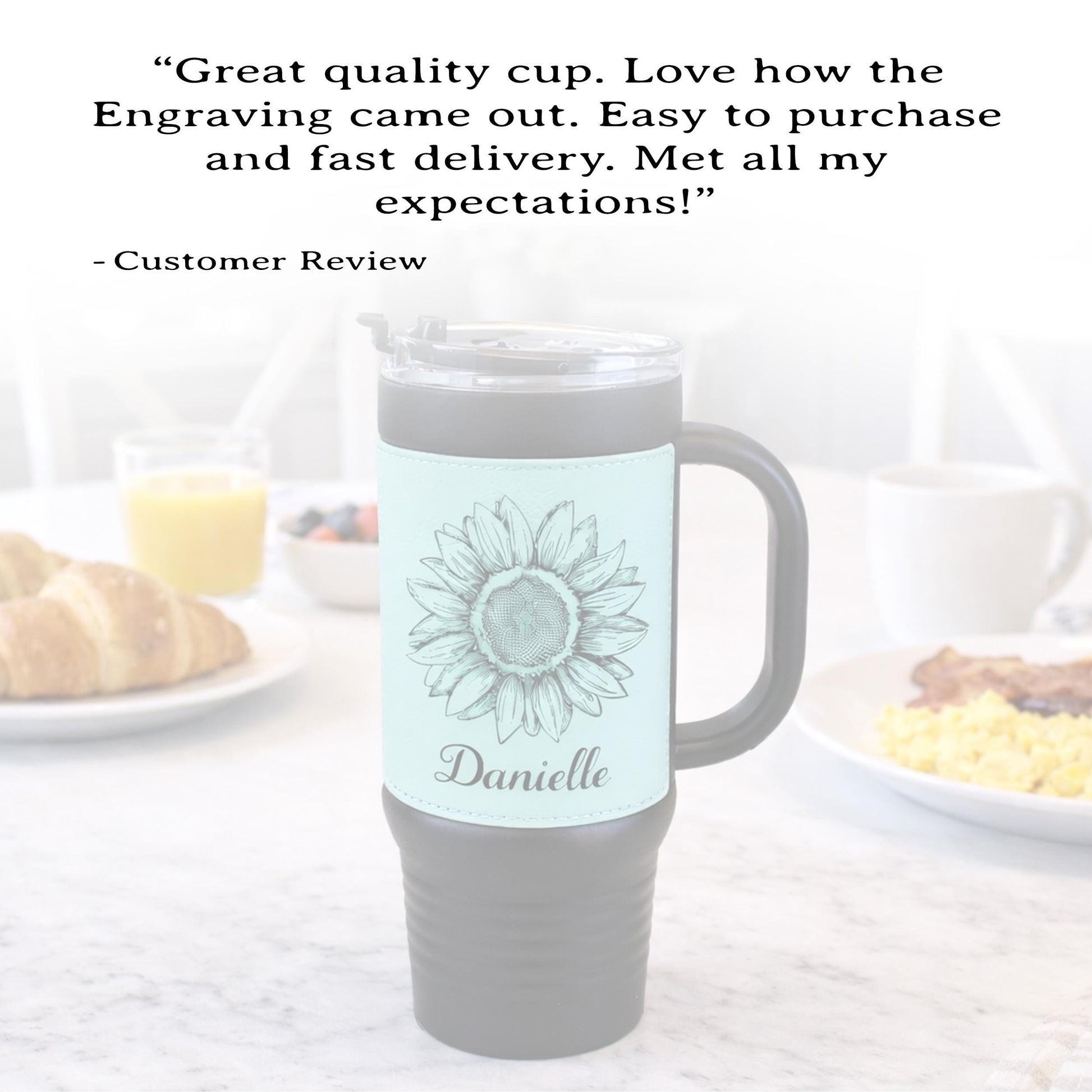 40 oz Engraved Sunflower Coffee Travel Mug, Personalized Leatherette Wrapped Tumbler, Custom Stainless Steel Mug With Handle And Straw