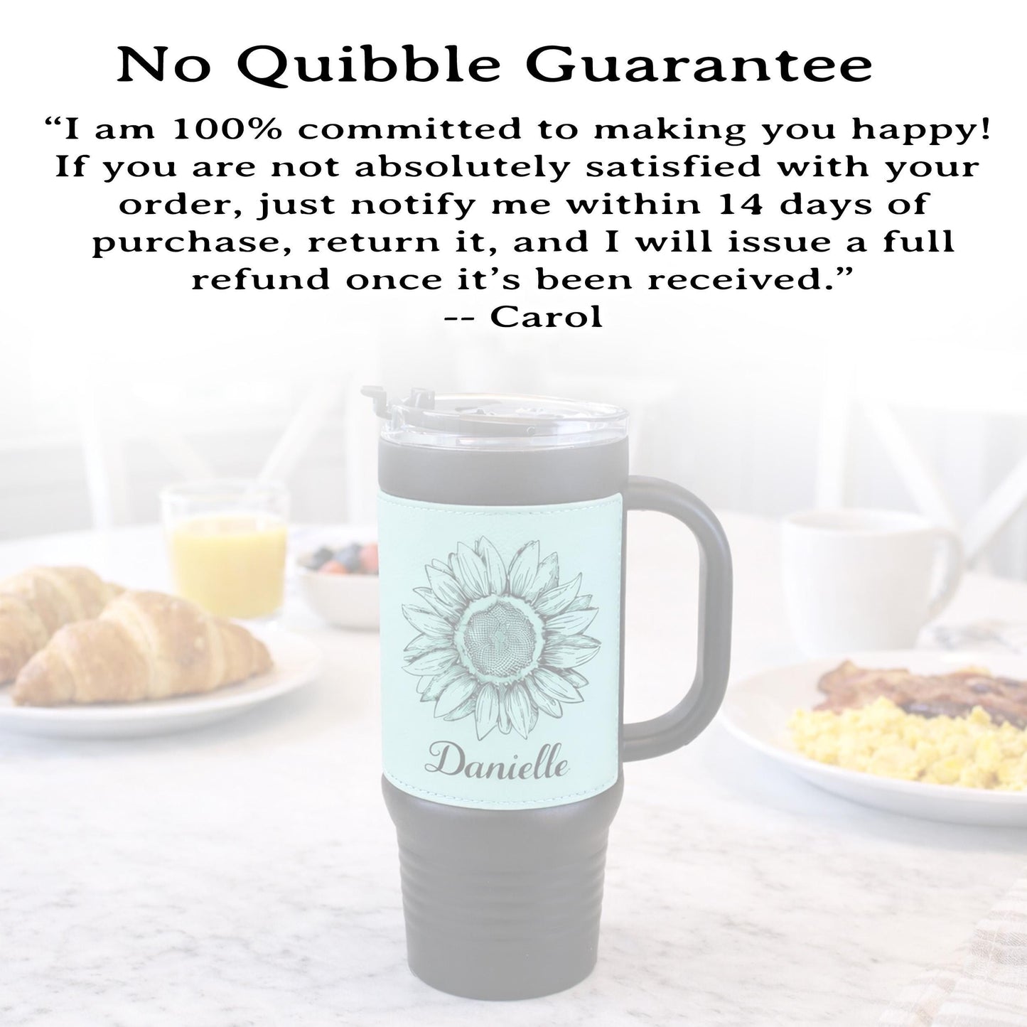 40 oz Engraved Sunflower Coffee Travel Mug, Personalized Leatherette Wrapped Tumbler, Custom Stainless Steel Mug With Handle And Straw