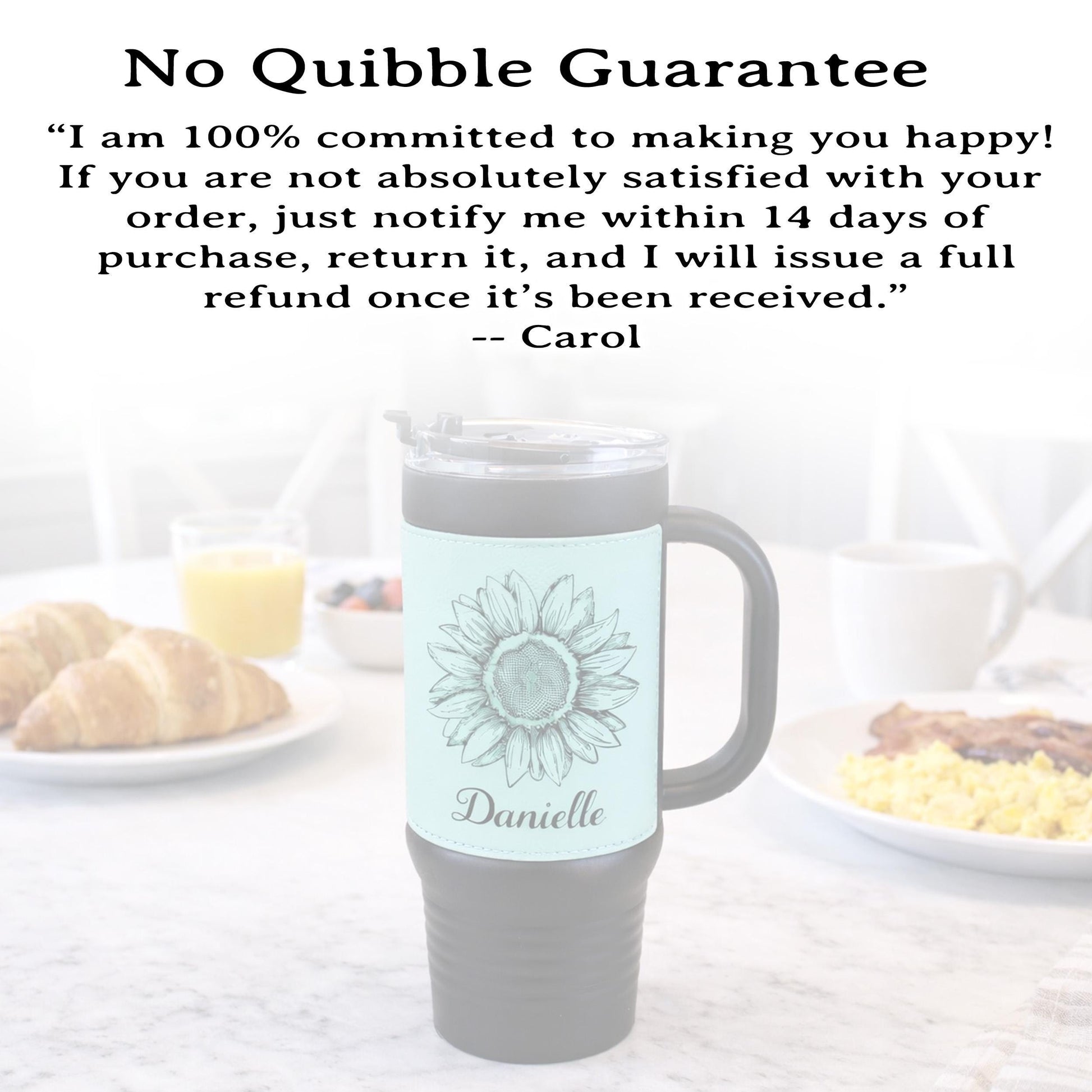 40 oz Engraved Sunflower Coffee Travel Mug, Personalized Leatherette Wrapped Tumbler, Custom Stainless Steel Mug With Handle And Straw