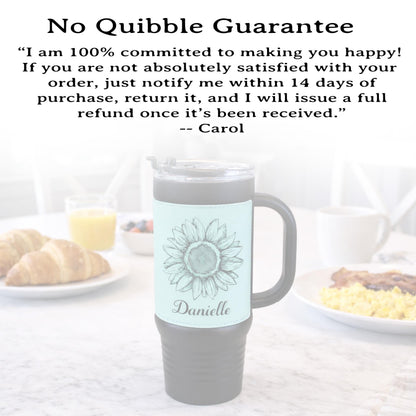 40 oz Engraved Sunflower Coffee Travel Mug, Personalized Leatherette Wrapped Tumbler, Custom Stainless Steel Mug With Handle And Straw